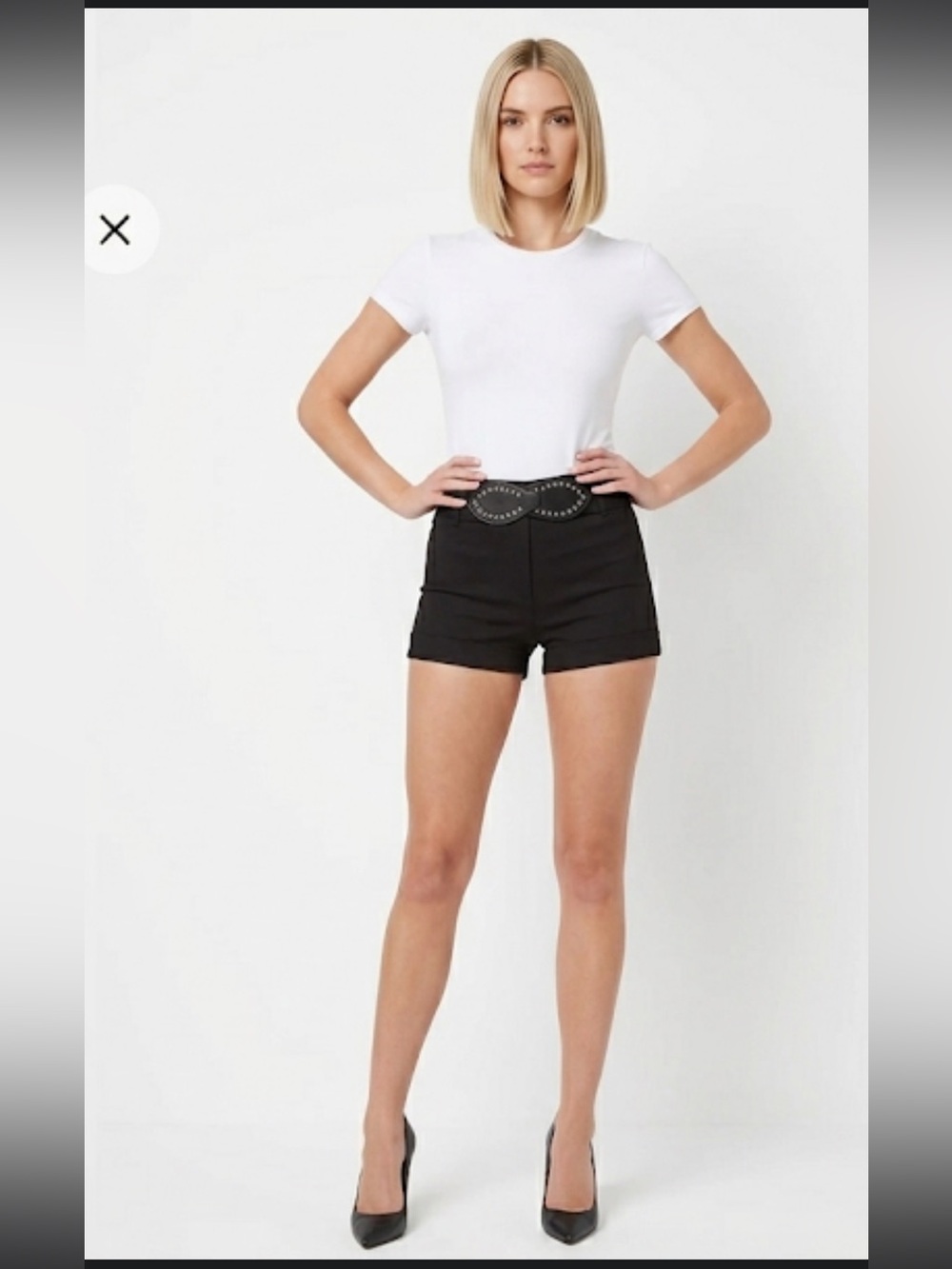 High Waist Stretchy Black Shorts with Metallic Studs Belt